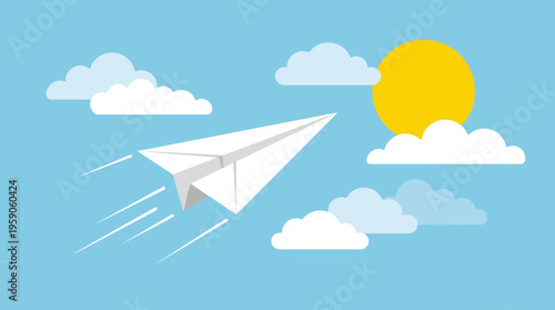 Paper Airplane Flying Through Sky.