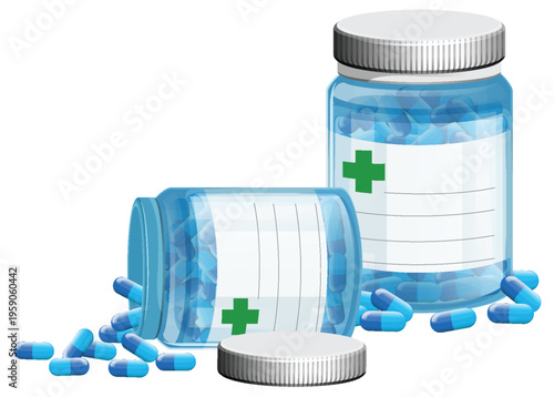 Blue Capsules in Transparent Prescription Bottles