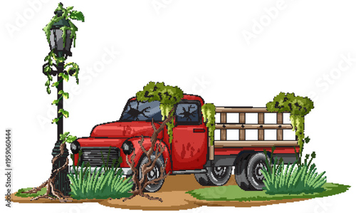 Abandoned Red Truck Overgrown With Moss and Vines