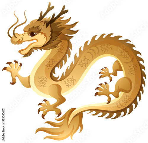 Golden Chinese Zodiac Dragon Vector Illustration on White Background