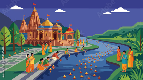 People in orange robes walking by river.