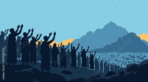 People standing with raised hands together.