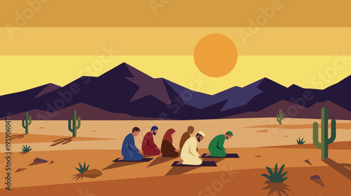 People sitting in desert landscape together.