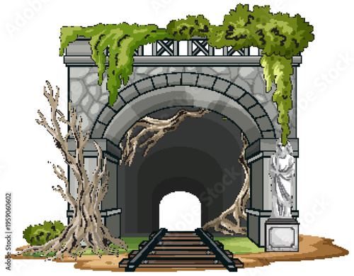 Abandoned Stone Railway Tunnel Overgrown With Trees and Vines
