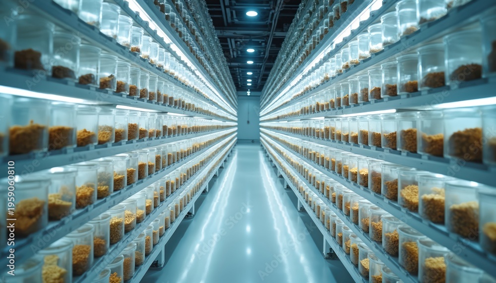 Obraz premium Indoor insect farm shelves with many jars of larvae for alternative protein. Automated facility grows bugs in controlled conditions for sustainable food production.