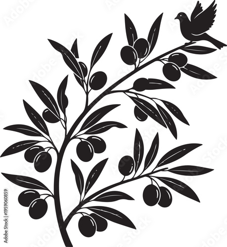Silhouette of an olive branch with leaves and berries, Generative Ai
