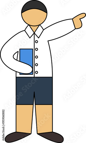 Man in white shirt and trousers holding a blue folder and pointing finger, business illustration