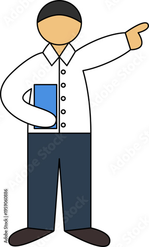 Man in white shirt and trousers holding a blue folder and pointing finger, business illustration