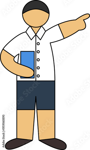 Man in white shirt and trousers holding a blue folder and pointing finger, business illustration