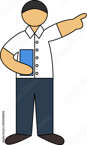 Man in white shirt and trousers holding a blue folder and pointing finger, business illustration