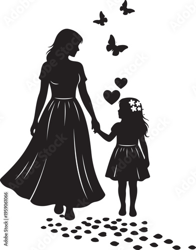 Silhouette of mother and child with butterflies and hearts, Generative Ai
