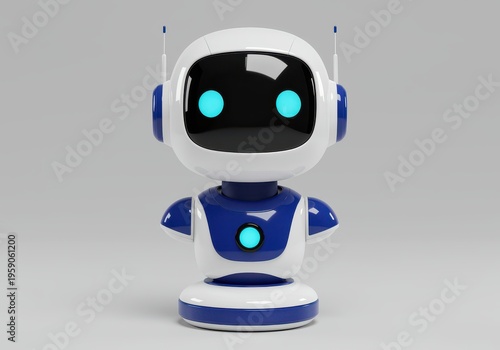 Cute blue and 3D white robot with glowing cyan eyes and chest light android artificial intelligence
