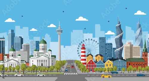 Flat design vector illustration of a modern cityscape with landmarks, cathedral, and colorful urban buildings