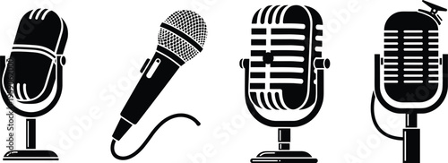 Set of retro and modern microphone icons black silhouette vector illustration for podcasting broadcasting music recording studio and radio show