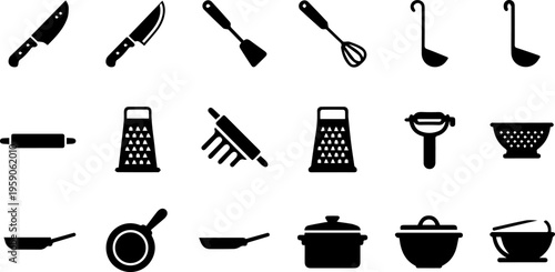 Kitchen Utensils and Cookware Silhouette Icon Set
