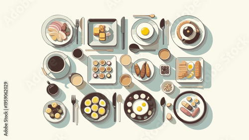 Hotel Breakfast Buffet Table Flat Lay with Eggs, Sausage, Coffee and Pastries, Top View Restaurant Morning Meal Illustration