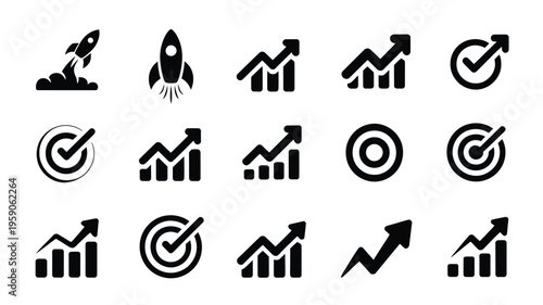Startup success icons with graphs arrows and targets for business growth and strategy on white background