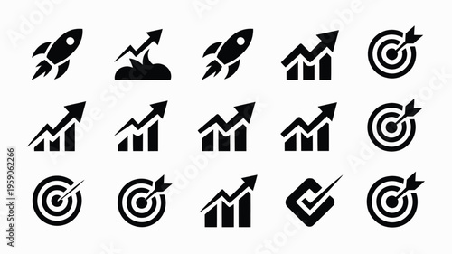 Startup success concept with black silhouette logos and symbols for business growth targets and achievements on white background