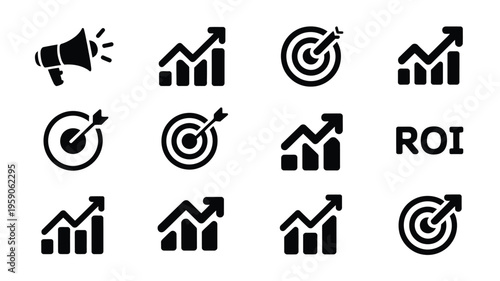 Marketing growth concept with silhouette logos and arrows roi and target icons on white background