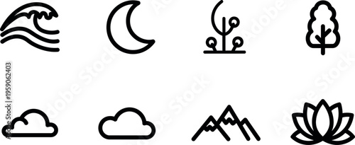 Yoga elements icons for mindful practice and wellness journey