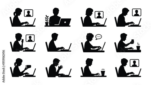 Remote work lifestyle silhouette icons set people working on laptops in various poses and environments modern telecommuting
