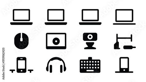 Minimalist remote office icons set including laptops tablets smartphones headphones and workspace tools on white background for business and technology concepts
