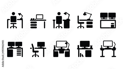 Modern home office silhouettes people working on computers desks with lamps business icons office equipment workspace concepts