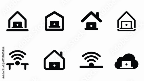 Remote work and home office icons set with house laptop and wifi symbols on white background for business and technology concepts