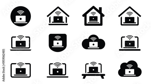 Remote work and home office icons set black and white various devices with wifi signal business and technology symbols for telecommuting and online communication