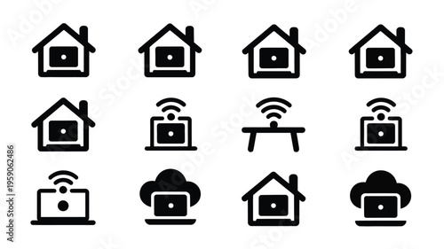 Remote work icons set with houses laptops and cloud computing symbols for business and technology concepts