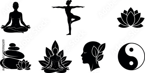 Yoga practice and meditation silhouette icons for wellness and balance