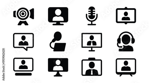Online meeting and video conference icons set black and white technology symbols for communication and collaboration tools