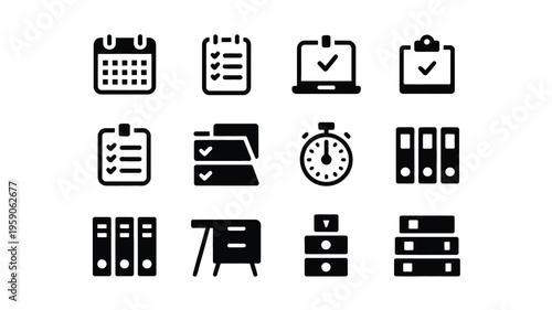 Minimalist vector icons for business organization and productivity tools on white background
