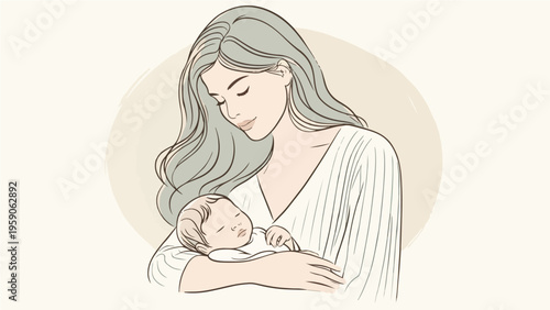 Graceful Mother with Long Hair Cradling Sleeping Newborn, Soft Sage Green Minimalist Line Art Motherhood Illustration