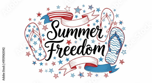Summer freedom, patriotic, American flag, flip flops, starry background vector