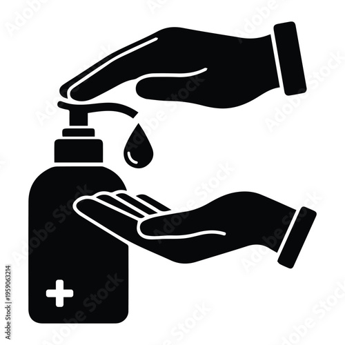 Coronavirus covid virus pandemic disease hand sanitizing icon Silhouette vector black design on a white background