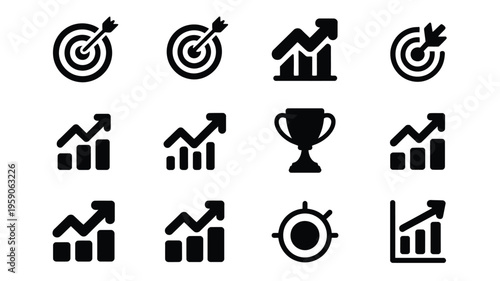 Business success and growth icons with graphs targets and trophy on white background