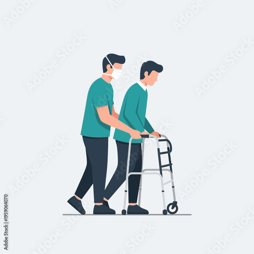 Supporting Mobility: A Medical Assistant Guides an Elderly Patient Using a Walker