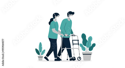Supporting Mobility: A Medical Professional Assisting Patient with A Walker