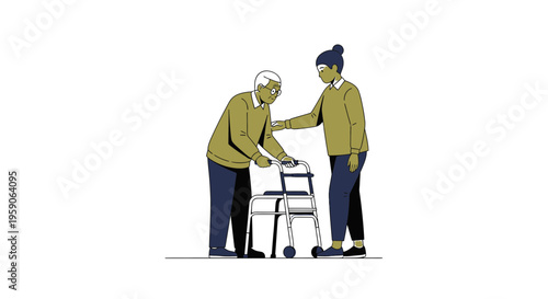 Supporting Mobility: A Young Person Assisting an Elderly Individual with a Walker