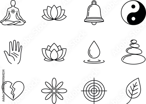 Yoga symbols and icons for mindfulness and meditation practices