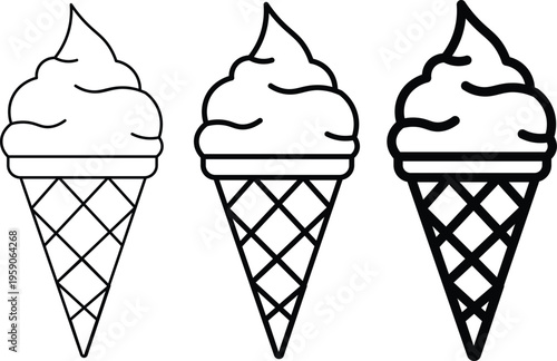 Minimalist ice cream cone line art icons, set of 3 soft serve dessert vectors with varying stroke weights, black and white summer food symbols