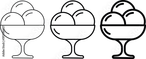 Minimalist ice cream scoops in bowl vector icons, set of 3 line art dessert symbols, frozen yogurt sundae glass illustration