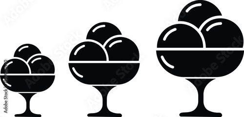 Minimalist ice cream sundae icons, black silhouette dessert bowls with scoops, three sizes of frozen yogurt treats in glass cups, vector food graphics