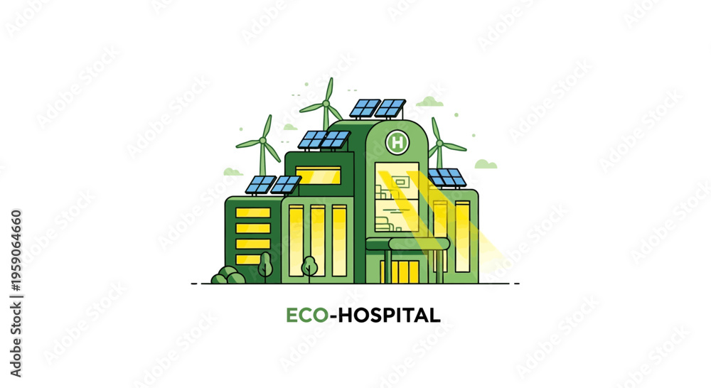 Obraz premium Sustainable Healthcare: Illustrated Eco-Hospital Embracing Renewable Energy Solutions