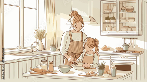 Mother and Daughter Baking Together in Cozy Rustic Kitchen, Warm Line Art Family Cooking and Bonding Illustration