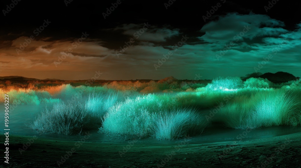Fototapeta premium Infrared night landscape showcasing glowing grass and cloudy sky with vibrant thermal colors