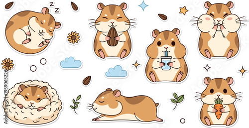 Cute Hamster Daily Routine Sticker Set with Sleeping Eating Drinking Washing and Relaxing Cartoon Animal Vector Illustrations