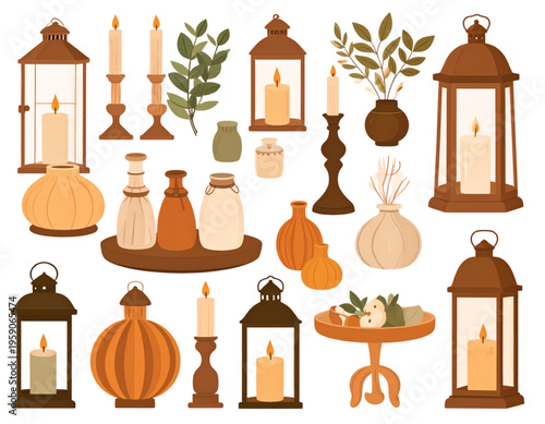 Collection of decorative brown lanterns candles vases and home decor items for interior styling