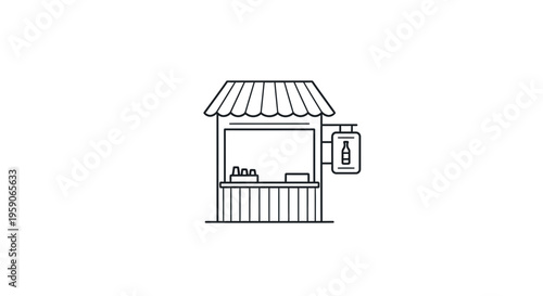 Minimalist illustration of a small kiosk selling drinks, with a bottle sign.